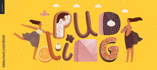Dessert lettering - Pudding - modern flat vector concept digital illustration of temptation font, sweet lettering and girls. Caramel, toffee, biscuit, waffle, cookie, cream and chocolate letters