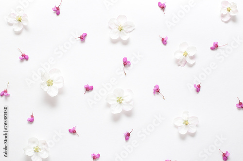 Spring pink and white flowers on texture white paper. Spring background for design and decoration.