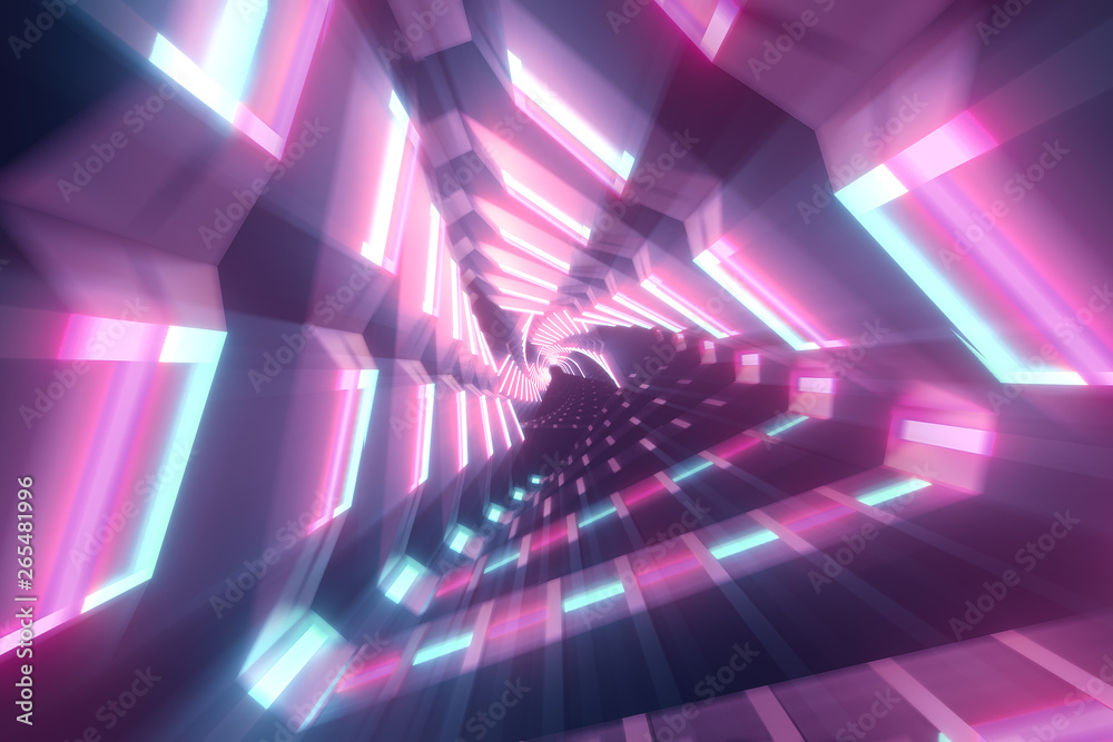 Obraz premium Flying through metallic glowing rotating neon triangles creating a tunnel, colorful spectrum, fluorescent ultraviolet light, modern colorful lighting, 3d illustration