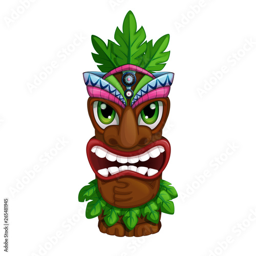 Hawaiian totem with palm leaves. Holidays in the Hawaiian Islands. Vector illustration on white background. Funny vector characters in cartoon style.