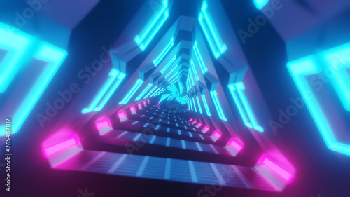 Flying through metallic glowing rotating neon triangles creating a tunnel, colorful spectrum, fluorescent ultraviolet light, modern colorful lighting, 3d illustration