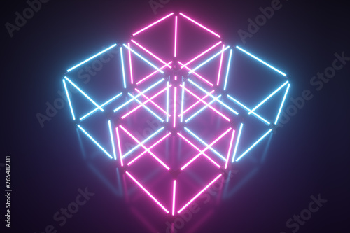 Four rotating glowing neon cube, fluorescent ultraviolet light, multicolored spectrum, abstract 3D illustration geometric background