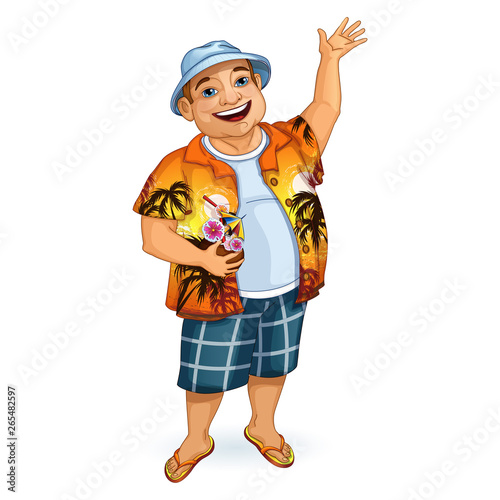 A happy male tourist in a Hawaiian shirt and Panama waving his hand. He holds a cocktail in his hand in a coconut. Holidays in the Hawaiian Islands. Character in the cartoon style.