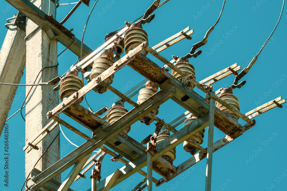 Power lines on blue sky background Power lines on blue sky background