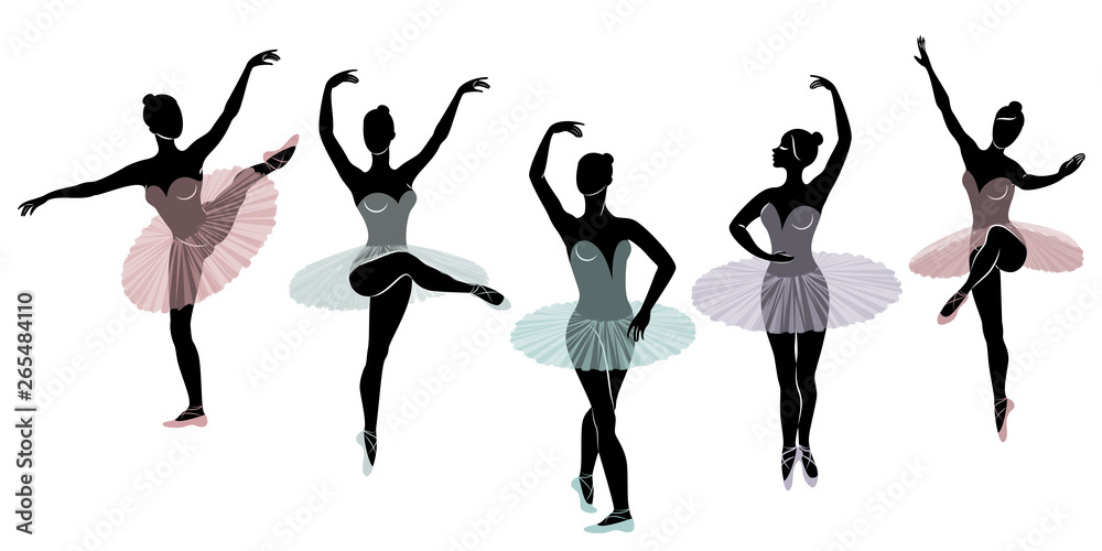 Collection. Silhouette of a cute lady, she is dancing ballet. The girl has a beautiful figure. Woman ballerina. Vector illustration set