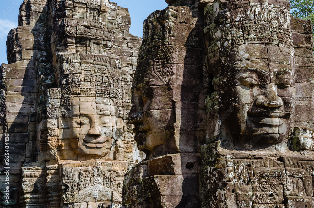 Smiling Faces of Bayon Temple in Angkor Thom is The Heritage of Khmer Empire at Siem Reap Province, Cambodia.