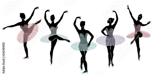 Collection. Silhouette of a cute lady, she is dancing ballet. The girl has a beautiful figure. Woman ballerina. Vector illustration set