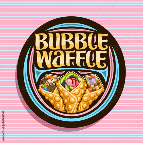 Vector logo for Bubble Waffle, dark decorative stamp with 3 variety hong kong yummy desserts with different ingredients, signboard with original lettering for words bubble waffle on pink background.