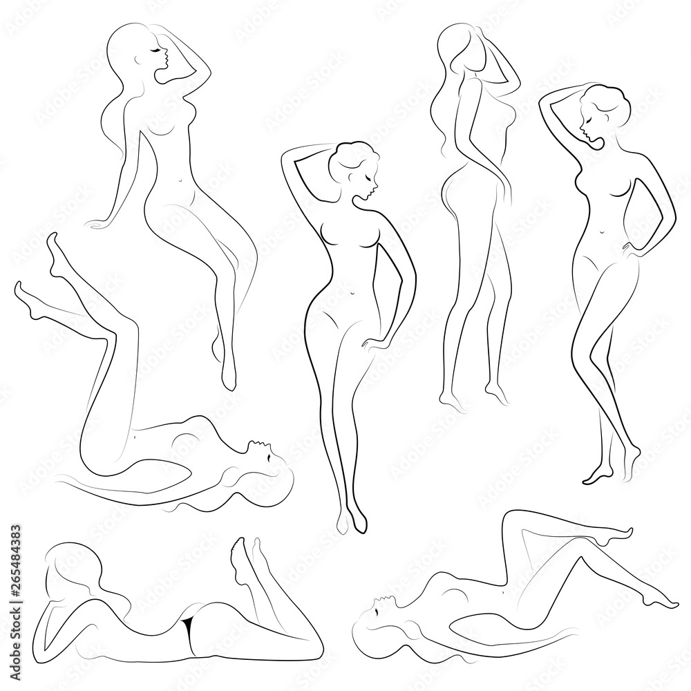 Collection. Silhouette of a sweet lady, she sits and stands. The girl has a beautiful nude figure. A woman is a young slender and sexy model. Set of vector illustrations Collection. Silhouette of a sweet lady, she sits and stands. The girl has a beautiful nude figure. A woman is a young slender and sexy model. Set of vector illustrations