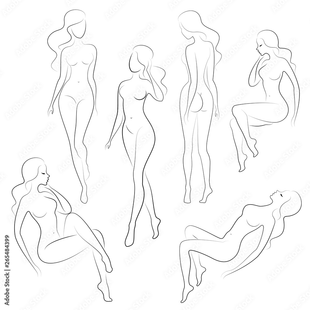 Collection. Silhouette of a sweet lady, she sits and stands. The girl has a beautiful nude figure. A woman is a young slender and sexy model. Set of vector illustrations