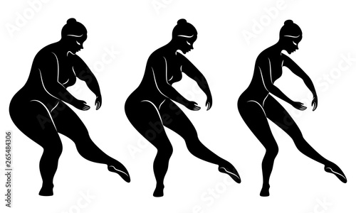 Collection. Silhouette of a cute lady, she is dancing ballet. A woman is overweight. The girl is plump, then slim, then thin. Woman is ballerina, gymnast. Vector illustration set