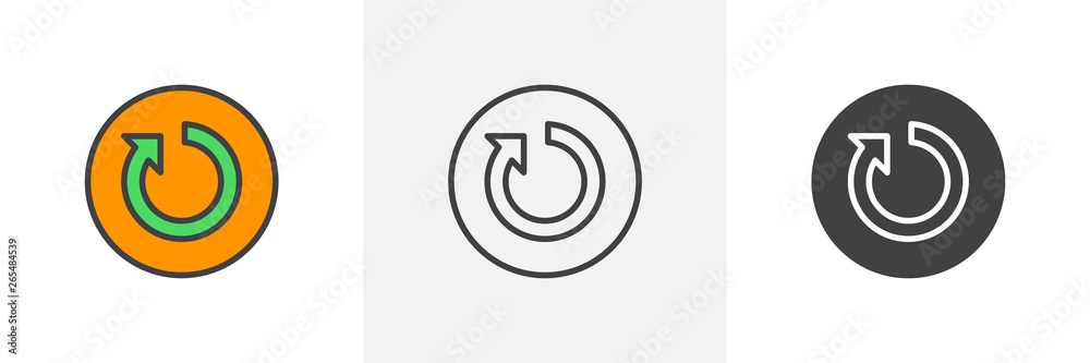 Reset button icon. Line, glyph and filled outline colorful version, Refresh arrow button outline and filled vector sign. Symbol, logo illustration. Different style icons set. Vector graphics Reset button icon. Line, glyph and filled outline colorful version, Refresh arrow button outline and filled vector sign. Symbol, logo illustration. Different style icons set. Vector graphics