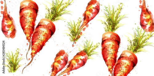 Carrots pattern Vector watercolor. Fresh spring veggies illustrations