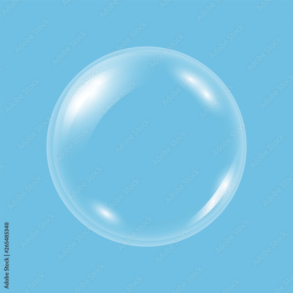 Vector realistic transparent soap water bubble, ball or sphere on a blue background. 3D illustration. EPS 10.