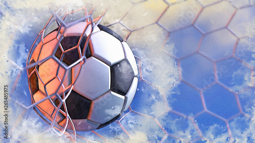Piłka nożna i siatka do bramki w błękitne niebo ilustracja połączone szkic ołówkiem i szkic akwarela. Ilustracja 3D. 3D CG. Wysoka rozdzielczość.