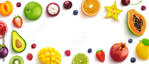 Fototapeta Naklejka Na Ścianę i Meble -  Various fruits and berries isolated on white background, top view, creative flat layout, round frame of fruits with empty space for text