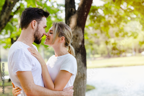 Lifestyle young coupe romantic in park,Beautiful sport couple in nature living healthy © kasipat