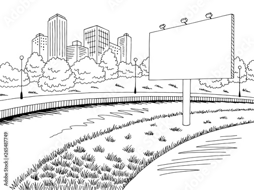 River billboard graphic black white city landscape sketch illustration vector