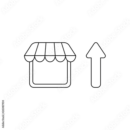 Vector icon concept of shop stpre with arrow moving up. Black outline.