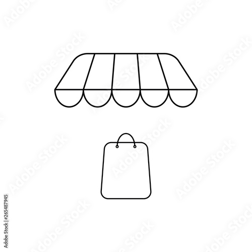 Vector icon concept of shopping bag under shop store. Black outline.