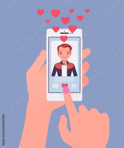 Dating mobile application with male profile on smartphone screen. Online app for singles to find a match, social network service to connect, meet life partner, hand holding phone. Vector illustration