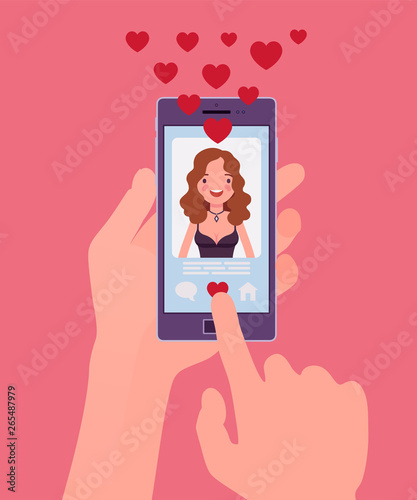 Dating mobile application with female profile on smartphone screen. Online app for singles to find match, social network service to connect, meet life partner, hand holding phone. Vector illustration