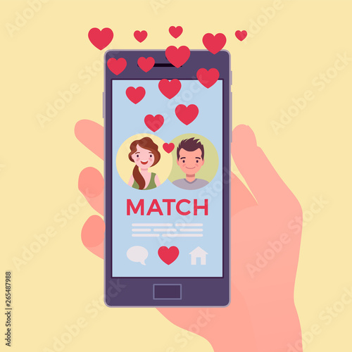 Dating mobile application with match on smartphone screen. Man, woman put together, join to form pair in online app, meet life partner, social network service, hand holding phone. Vector illustration