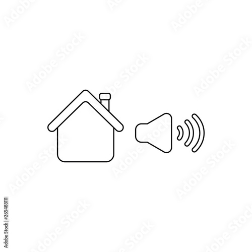 Vector icon concept of house with high speaker sound, loud voice. Black outline.