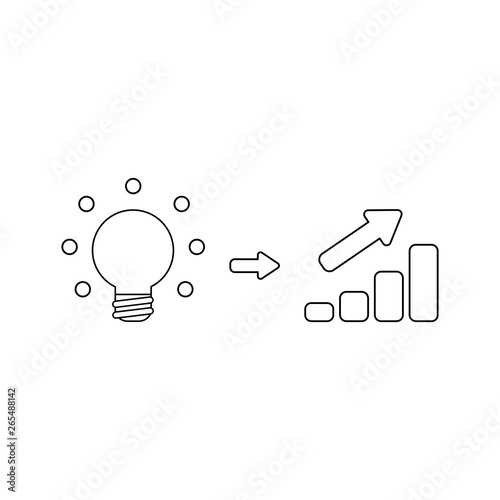 Vector icon concept of glowing light bulb idea with sales bar chart moving up. Black outline.