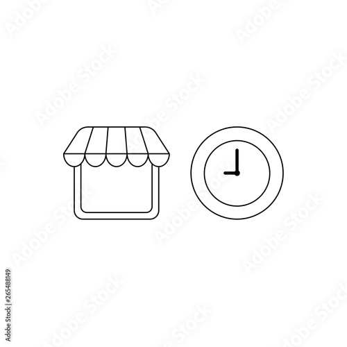 Vector icon concept of store with clock. Black outline.