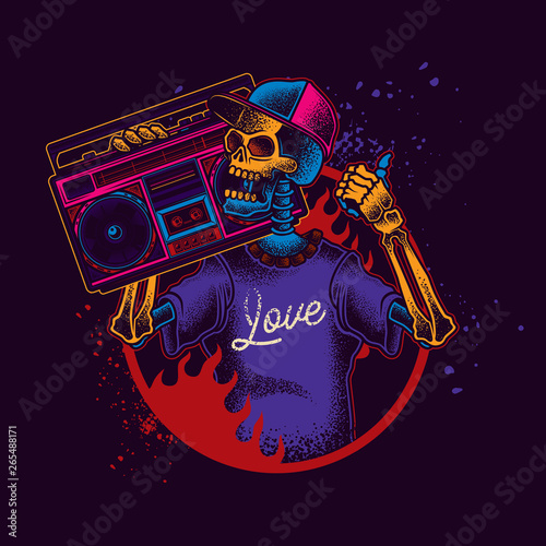 Original vector illustration in neon style. Fashionable skeleton man with a Boombox in his hands, on the background of fire