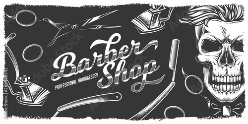 Monochrome vector barbershop banner in vintage style. Tools, skull with hair.