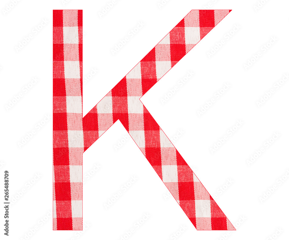 Letter K of the alphabet - Red checkered fabric tablecloth - White background Letter K of the alphabet - Red checkered fabric tablecloth - White background