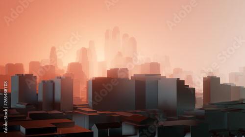 City in red fog. Air pollution or military action