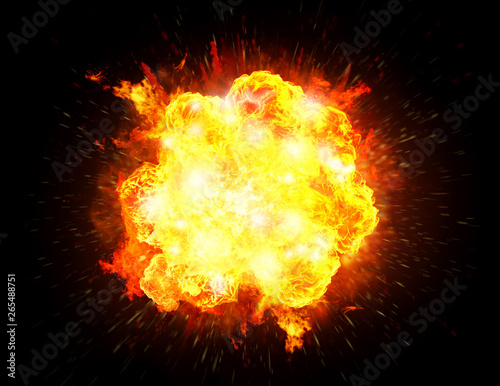 Big bright fiery explosion isolated in black background