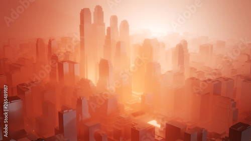 City in red fog. Air pollution or military action