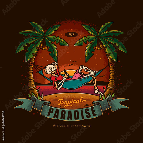 Original vector illustration in vintage style. Skeleton lying in a hammock with a bottle of beer in his hands, against the palm trees, the sea and sunset