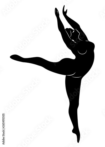 Silhouette of a cute lady, she is dancing ballet. The woman has an overweight body. Girl is plump. Woman ballerina, gymnast. Vector illustration