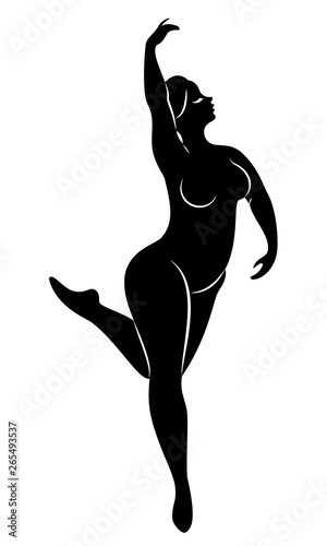 Silhouette of a cute lady, she is dancing ballet. The woman has an overweight body. Girl is plump. Woman ballerina, gymnast. Vector illustration
