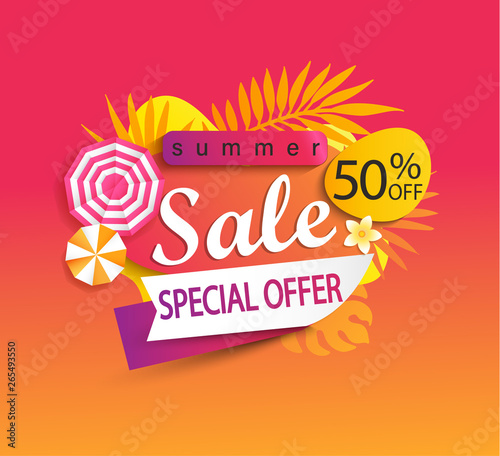 Summer Sale, special offer banner,hot season discount poster with tropical leaves,sun umbrellas.Invitation for shopping with 50 percent off. Template for design,label,advertising badge,flyer. Vector