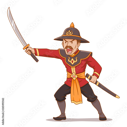 Cartoon character of Thai ancient warrior holding sword.