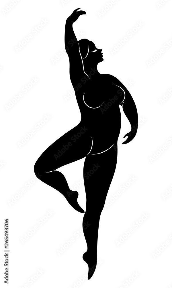 Fototapeta premium Silhouette of a cute lady, she is dancing ballet. The woman has an overweight body. Girl is plump. Woman ballerina, gymnast. Vector illustration