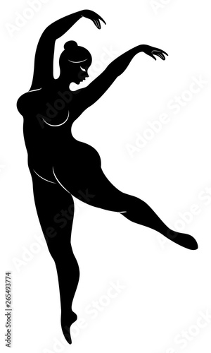 Silhouette of a cute lady, she is dancing ballet. The woman has an overweight body. Girl is plump. Woman ballerina, gymnast. Vector illustration