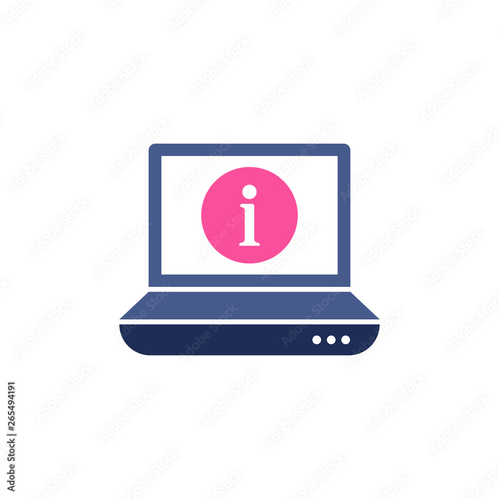 Laptop icon with information sign. Notebook icon and about, faq, help, hint symbol Laptop icon with information sign. Notebook icon and about, faq, help, hint symbol