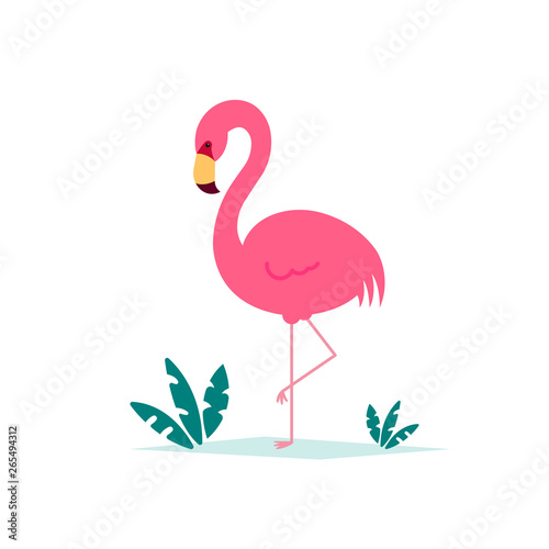 Pink flamingo vector illustration isolated on white background with tropical leaves