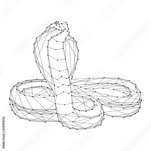 Cobra in a rack with the parted ribs in the form of a hood from abstract futuristic polygonal black lines and dots. Vector illustration.