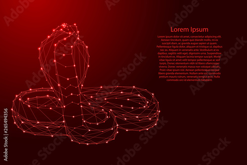 Cobra in a rack with the parted ribs in the form of a hood from futuristic polygonal red lines and glowing stars for banner, poster, greeting card. Vector illustration.