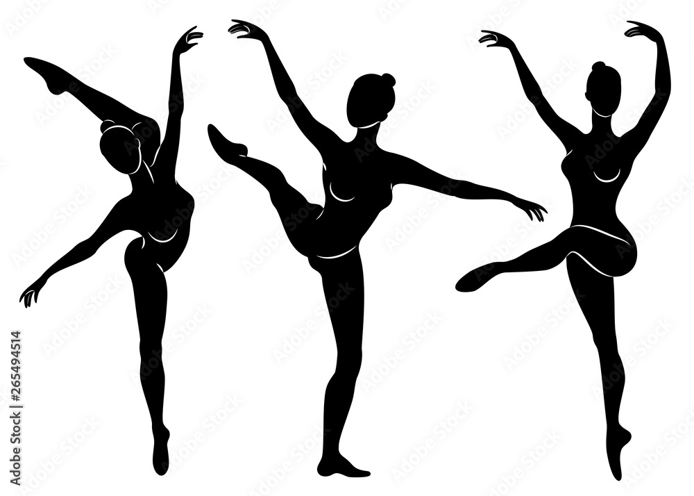 Fototapeta premium Collection. Silhouette of a cute lady, she is dancing ballet. The girl has a slim beautiful figure. Woman ballerina. Vector illustration set