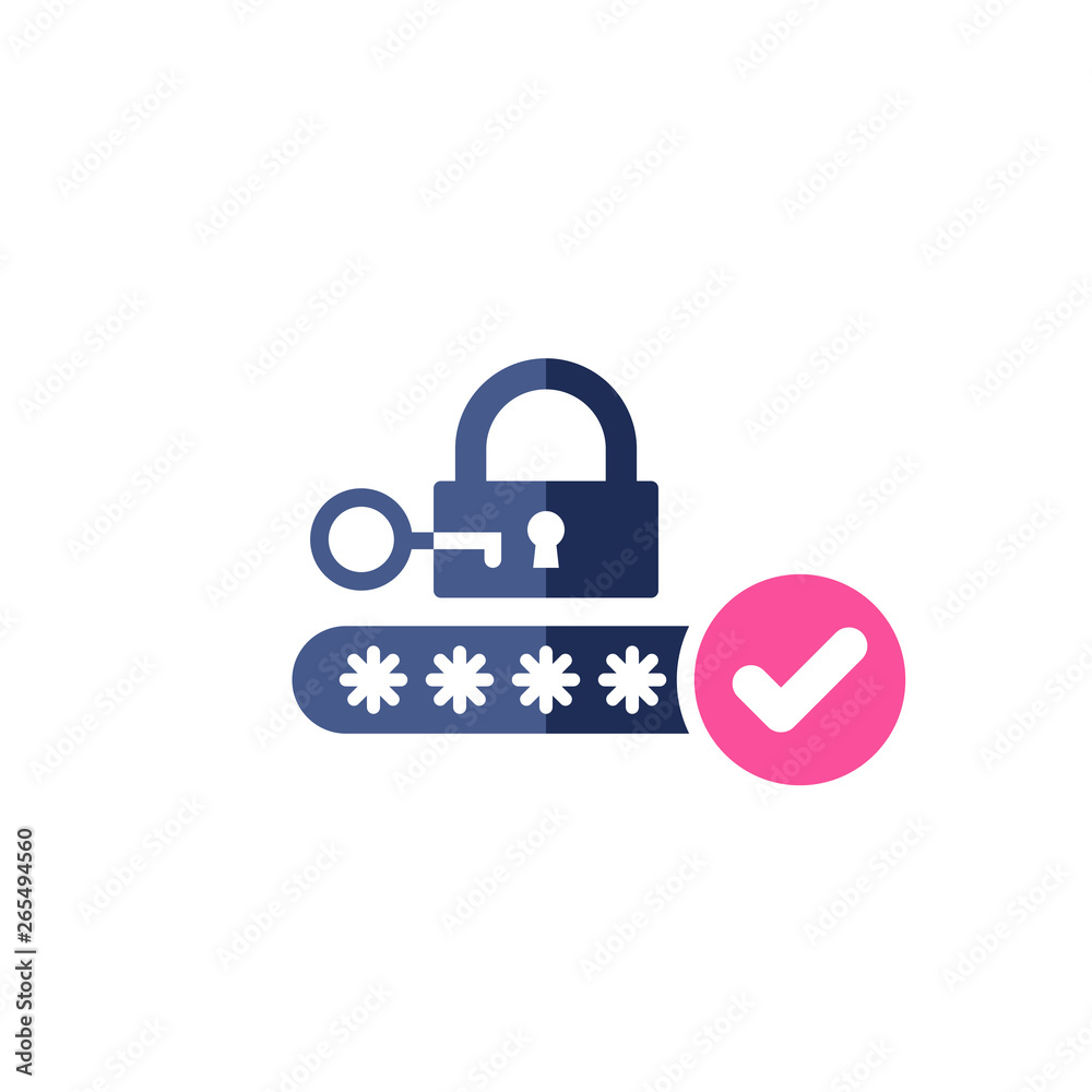 Password icon with check sign. Protection lock icon and approved, confirm, done, tick, completed symbol