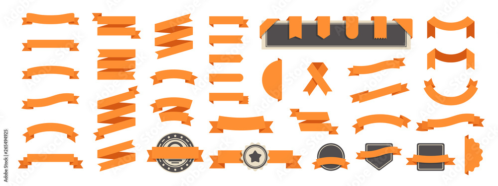 Ribbon banner set isolated on a white background. Orange color. Simple modern cute design. Labels, bookmarks and tags. Flat style vector illustration. Big collection.